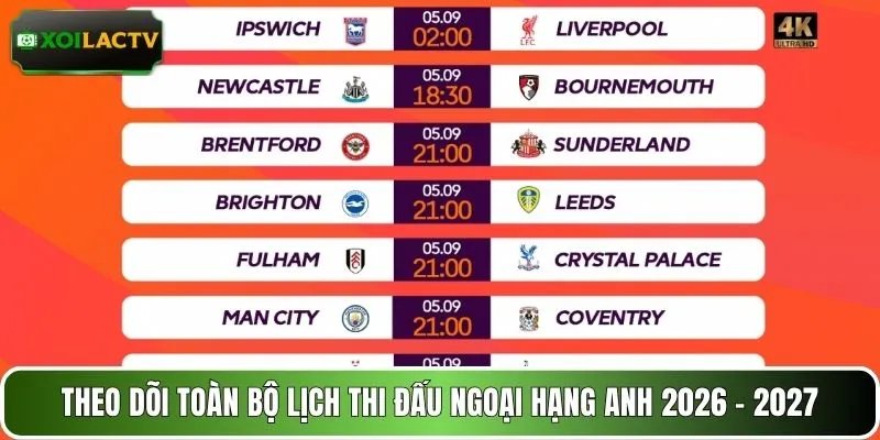 Theo dõi toàn bộ lịch thi đấu Ngoại hạng Anh 2026 - 2027